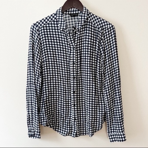 Topshop Tops - Topshop Plaid Print Button Down Top Long Sleeves Size 8 Blue/white Lightweight